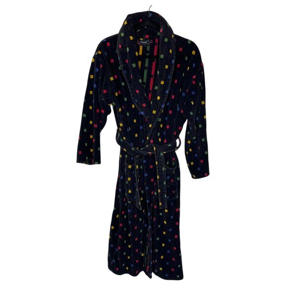 Vintage Pretti of Italy Men's Long Robe OS Black Knit Tie Belt Cotton Terry - Picture 2 of 10